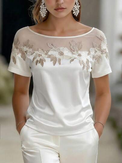 Balvessa Women's Elegant Round Neck Fitted Daily, Vacation, Casual, Party Floral Decor Satin Blouse, High Quality Craftsmanship, Spring/Summer Casual Wear