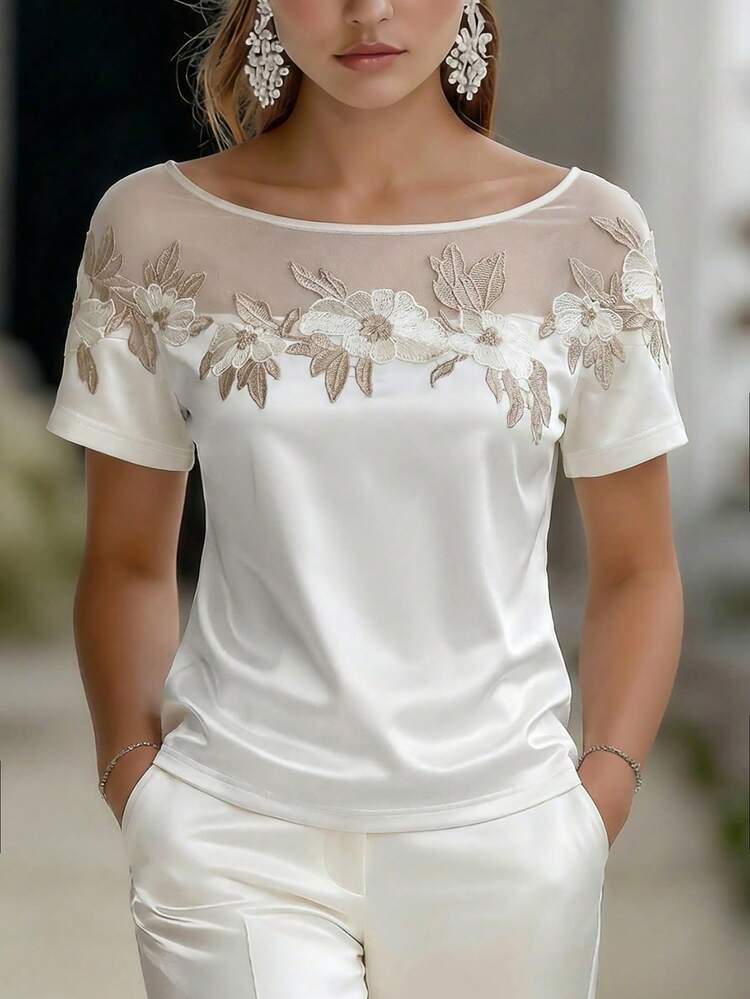 EMERY ROSE Blusa de satén con decoración floral, cuello redondo elegante, ajustada, para uso diario, vacaciones, casual y fiestas. Confección de alta calidad, para uso casual en primavera/verano - Blanco - Añade 1