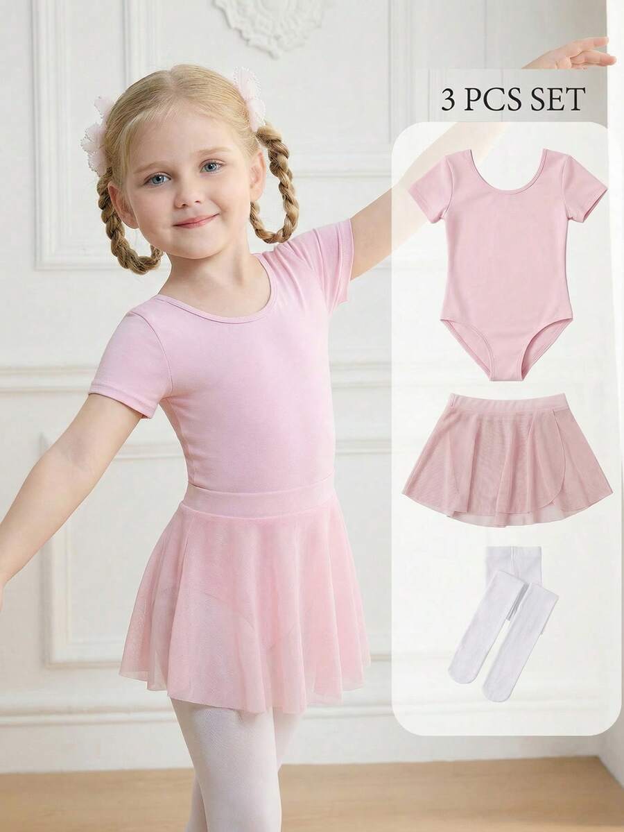 3pcs/Set Girls Pink Elastic Knit Skin-Friendly Bodysuit, Girls Pink Tulle Skirt, Girls White Skin-Friendly Elastic Tights, Soft Fabric Suitable For Ballet, Gymnastics, Daily Wear, Outings, Parties And Other Occasions - Pink - View 1