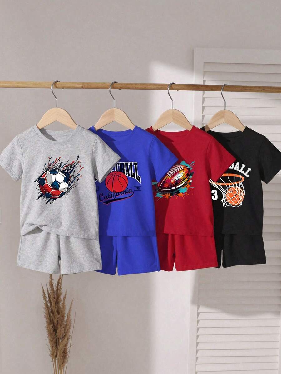 Bộ 8 món cho bé trai in hình bóng rổ, bóng chày, bóng đá, áo thun cổ tròn tay ngắn và quần short, kiểu dáng thường ngày, gồm 1 bộ màu xám, 1 bộ màu xanh dương, 1 bộ màu đỏ và 1 bộ màu đen, thích hợp cho các hoạt động thể thao ngoài trời, mặc hàng ngày, mùa xuân, mùa hè và mùa thu. - Nhiều màu - Xem 1