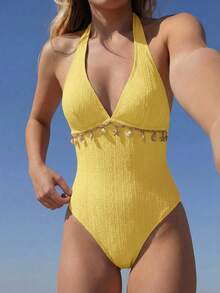 Bellisia 2026春夏女士沙滩连衣裙，连体式，优雅浪漫甜美花卉纹理面料，波西米亚风精致贝壳链装饰，可拆卸胸垫，蝴蝶结肩带，挂脖式连体泳衣，多种颜色可选，浅粉色，甜美可爱，清新优雅，浪漫度假，2026春夏新款，新年，情人节，返校季，旅行季，适合度假、海滩、下午茶野餐、派对、日常穿着、休闲、户外运动，时尚百搭 - 淡黃色 - 查看 5