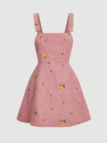 SHEIN MOD Váy yếm thêu hoa nhung kẻ cỡ lớn thu đông có dây đeo có thể điều chỉnh, mặc như váy len - Hồng - Xem 5