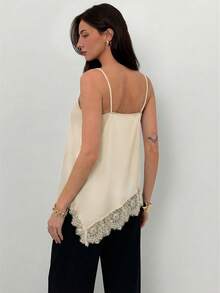 Aloruh Women's Lace Patchwork Asymmetrical Hem Ruched Camisole Top, Versatile For Daily Wear - Beige - View 7