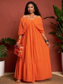 SHEIN CURVE+ Curve 尺码 US22 音乐节、海滨度假、波西米亚风 V 领连衣裙，适合夏季假期，橙色波西米亚风度假 - 橘色 - 查看 5