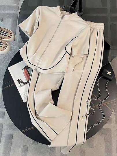 GlowEve Women's Zip-Up Color Block Short Sleeve Top And Drawstring Waist Wide Leg Pants Casual 2-Piece Set