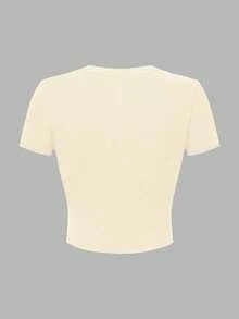 SHEIN Teen Girl Summer Casual Letter & Floral Print Round Neck Short Sleeve T-Shirt - Beige - View 2