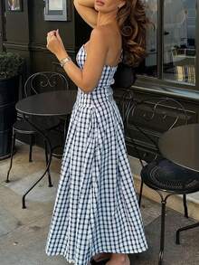 INAWLY 女士格子抹胸休闲派对中长连衣裙 - 寶藍色 - 查看 2