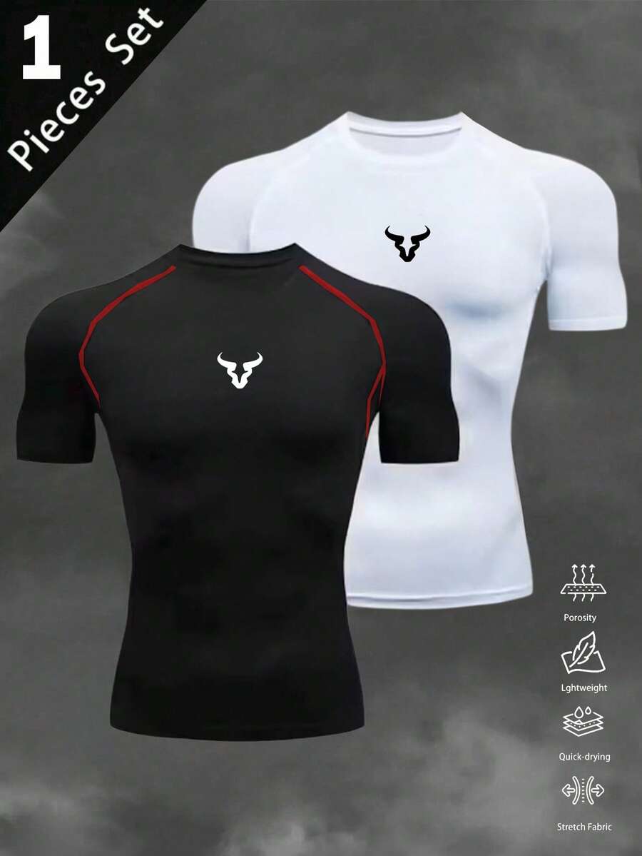 Manfinity Sport Corelite 男士休闲牛头印花插肩短袖运动T恤，夏季 - 黑色 - 查看 1