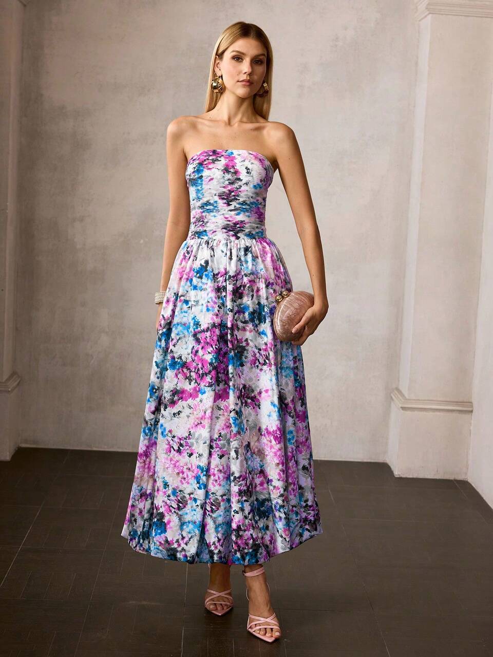 MOTF Soiréza WOMEN'S ELEGANT FORM-FITTING ELEGANT BUST RUCHED MAXI FLORAL PRINT DRESS, BACK TIE SPAGHETTI STRAPS & UMBRELLA HEM