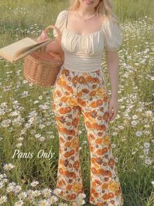 SHEIN MOD 大码女式印花弹力腰喇叭裤，休闲百搭，适合外出穿着，印花裤，花裤，喇叭裤，印花裤，嬉皮裤，夏季穿搭，夏季裤装，喇叭裤，女士夏季长裤，印花裤，女士度假装，Y2K风格，女士沙滩装，乡村音乐会服装，女士乡村服饰 - 橘色 - 查看 7