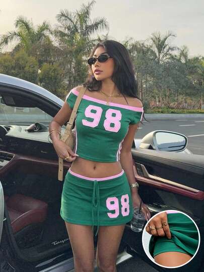 Muchica 女士运动休闲露肩吊带背心和短裤两件套