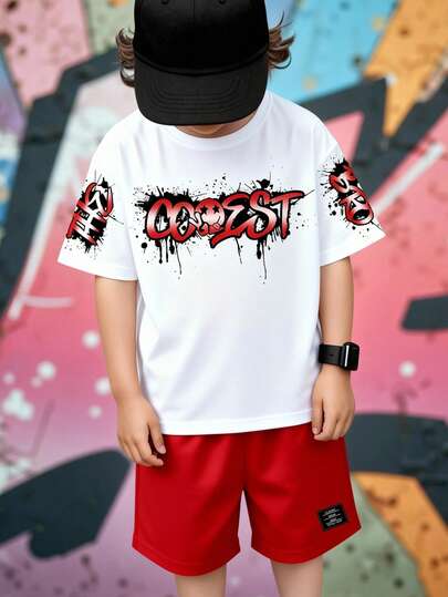 Spring And Summer Tween Boy Casual Fashionable Creative Personalized Refreshing Minimalist Cartoon Face Splash Ink Pentagram Letter Slogan Graphic Print Casual Basic Short T-Shirt And Shorts Set, Comfortable Daily Wear