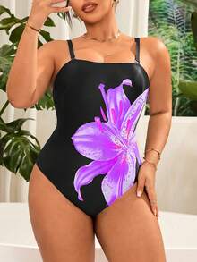 Swim Vcay Plus Size Women's Black Classy Lily Flower Print Detachable Strap One-Piece Swimsuit,Strapless Bikini Bathing Suit For Summer Beach Holiday Occasion - Multicolor - View 3