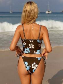 Swim Vcay Women's 2-Piece Swimsuit Set, V-Neck Floral Print Tankini With Tie Waist, Casual Beach Wear - Multicolor - View 2