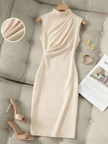 Firerie 女士新款杏色优雅休闲日常通勤度假时尚立领垂袖收腰纯色针织连衣裙，优雅，通勤，约会，婚礼季 - 杏色 - 查看 3