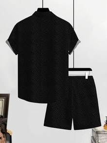 Manfinity RSRT Conjunto de camisa de botones con estampado geométrico de color contrastante y pantalones cortos de verano casual para hombre - Multicolor - Ver 2