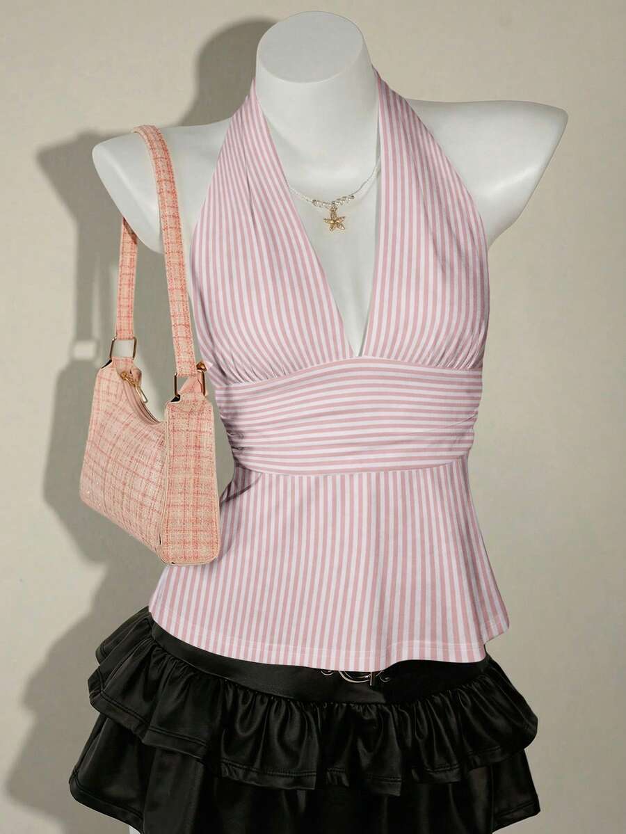 SHEIN ICON 露背吊带深V领收腰A字裙 - 粉色 - 查看 1