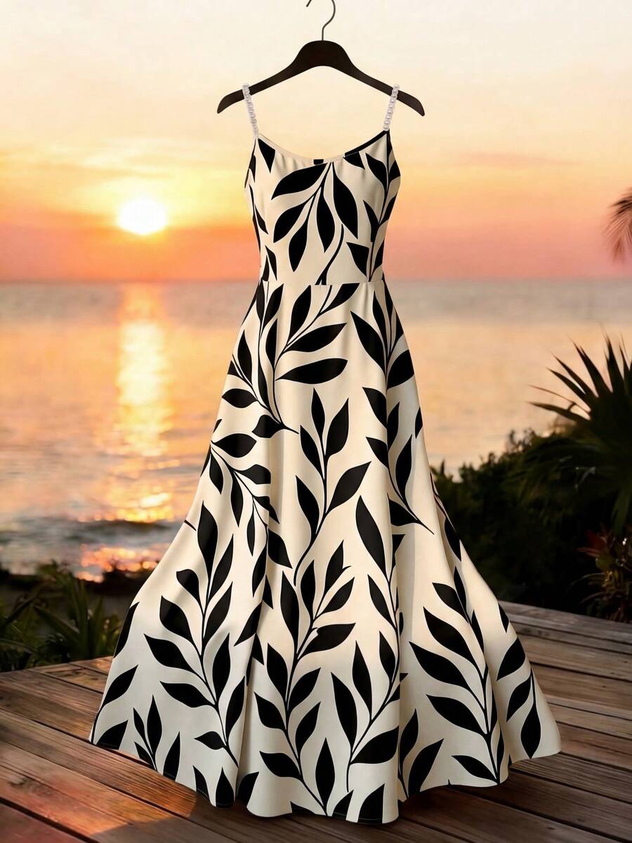 Franclia 全身印花仿珍珠细节优雅吊带连衣裙 - 杏色 - 查看 1