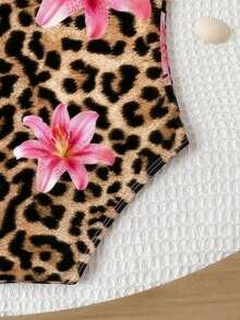 Baby Girls Beachwear,Cute Multi-Color Knitted Fabric Leopard Flower Print Swimsuit,Holiday Summer Vacation Beach Pool Party Elegant Fashion Swimwear - Multicolor - View 5