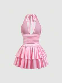 Sweetra Đầm satin co giãn cổ yếm buộc eo dành cho nữ mùa xuân/hè, trang phục thường ngày thoải mái, gợi cảm và ngọt ngào cho kỳ nghỉ. - Màu Hồng baby - Xem 2