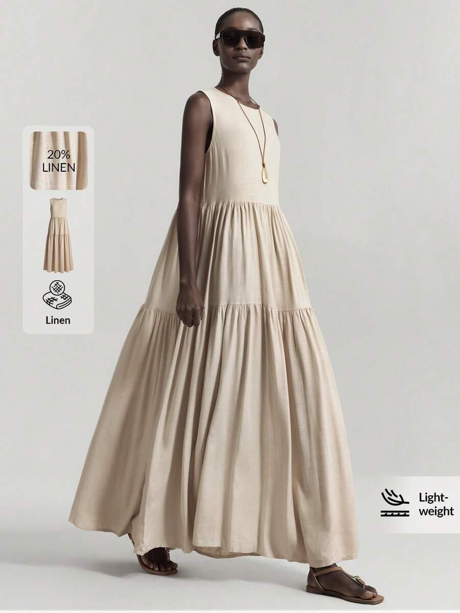 Ontre 2026春夏新款女士长裙，无袖长款连衣裙，畅销纯色杏色无袖长裙，休闲简约都市时尚优雅A字裙摆连衣裙，适合休闲度假，简约百搭春夏必备单品，圆领宽松舒适梭织面料时尚长款连衣裙 - 棕色 - 查看 1