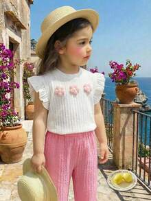 LMoss Kids 2件套女婴纯色荷叶边领上衣和宽松碎花裤套装 - 彩色 - 查看 1