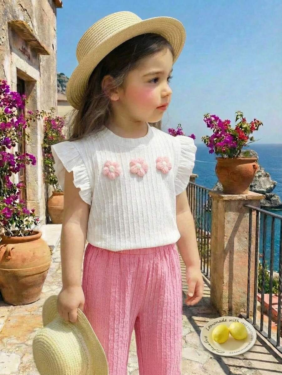 LMoss Kids 2件套女婴纯色荷叶边领上衣和宽松碎花裤套装 - 彩色 - 查看 1