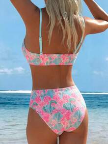 Swim Lushoire Women's Random Print Spaghetti Strap Bandeau Bikini Top And High Waist Bottoms Set, Summer - Multicolor - View 3