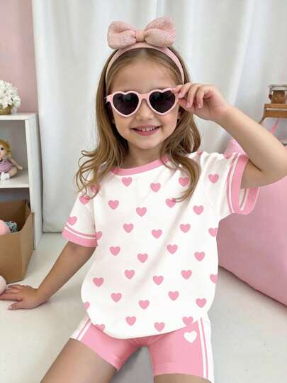 2pcs/Set Young Girl Casual Heart Print Contrast Stripe Round Neck Short Sleeve T-Shirt And Bike Shorts, Suitable For Spring/Summer Daily Wear, Street Style, Outings, Vacation, Homecoming, Back To School