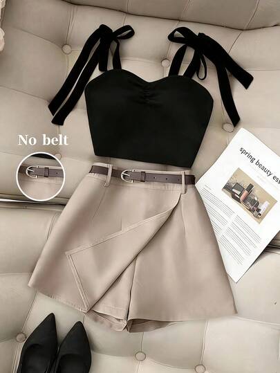Franclia 夏季新款性感吊带蝴蝶结前褶皱露脐吊带衫和卡其色短裤两件套，女士系带露脐上衣和短裤套装，休闲撞色两件套女装，适合度假和约会