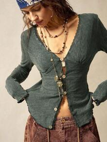 Bohemela 女式休闲纯色V领长袖针织上衣 - 黑色 - 查看 6