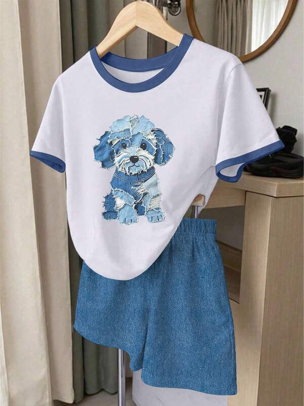两件套少女T恤短裤套装，可爱蓝色小狗牛仔印花短袖T恤，休闲牛仔印花短裤，适合外出、春、夏、秋季、日常百搭，白色短袖T恤，适合13-16岁女孩