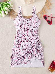 SHEIN Swim Lushore 女士度假沙滩植物印花连体泳衣 - 酒紅色 - 查看 3