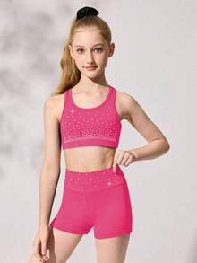 Bộ đồ thể thao cho bé gái tuổi teen, áo và quần short, màu hồng cánh sen | Chất liệu co giãn cao với các hạt pha lê lấp lánh, phù hợp cho tập thể dục dụng cụ và khiêu vũ. - Màu Hồng Tươi - Xem 5