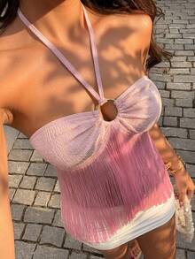 Sunnyshic Dây chuyền choker tua rua phối màu hồng dành cho nữ, thiết kế hở lưng, kiểu áo hai dây gợi cảm, ngọt ngào và lãng mạn cho kỳ nghỉ biển. - Hồng - Xem 1