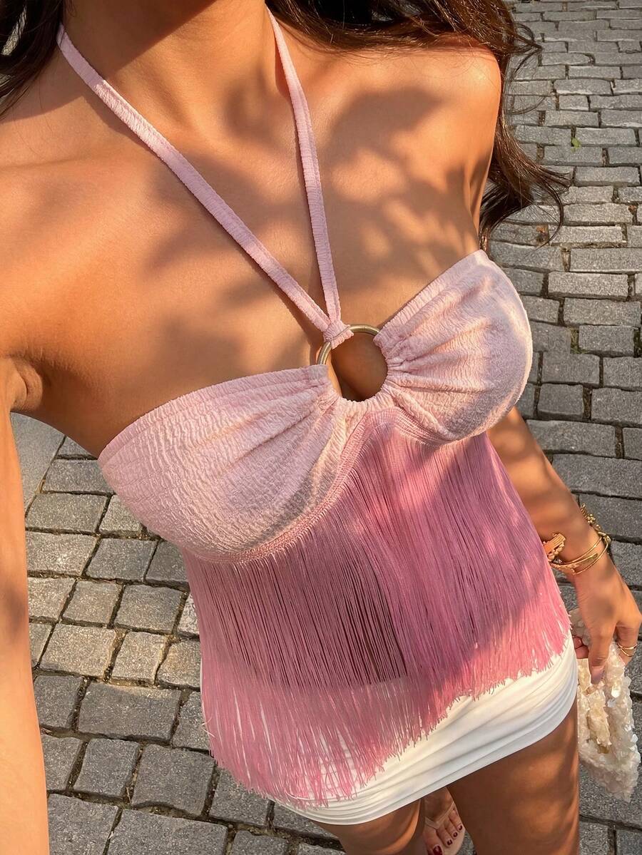 Sunnyshic Dây chuyền choker tua rua phối màu hồng dành cho nữ, thiết kế hở lưng, kiểu áo hai dây gợi cảm, ngọt ngào và lãng mạn cho kỳ nghỉ biển. - Hồng - Xem 1