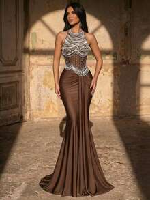 Glamrae Váy bơi đuôi cá sang trọng, đính sequin thêu họa tiết, co giãn, thích hợp cho đám cưới, tiệc tùng, kỳ nghỉ, tiệc chiêu đãi, dạ hội (chất liệu bền chắc) - Cà phê nâu - Xem 6