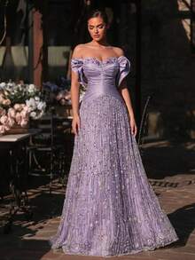 Glamrae 优雅浅灰紫色奢华3D珠绣连衣裙，宽肩带方领束腰手工编织绳腰带，超大A字裙摆，适合约会、度假、单身派对、婚礼、女士晚礼服 - 淺灰紫 - 查看 6