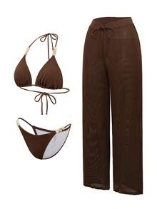 Swim Oasis Bộ đồ bơi 3 mảnh màu nâu đậm dành cho nữ, kiểu cổ yếm, cúp ngực tam giác, đính cườm, khoét rỗng, gợi cảm, thích hợp cho kỳ nghỉ hè, đi biển. - màu nâu - Xem 3