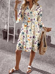 EMERY ROSE Plus Size Women Floral Print V-Neck Ruched Casual Vacation Dress - Multicolor - View 7