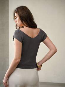 MOTF PREMIUM V NECK SLIM FIT KNIT TOP - Grey - View 3