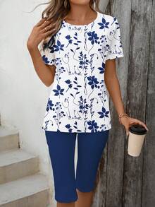 Sylviya 两件套休闲简约度假波西米亚风优雅复古藏蓝色碎花图案沙滩装、度假装、女士夏季套装，T恤和打底裤 - 彩色 - 查看 3