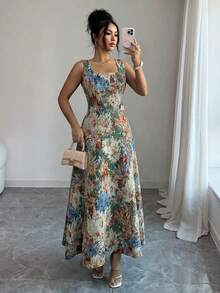 Elenzga 女士夏季方领印花吊带连衣裙，收腰A字飘逸连衣裙，适合日常外出和度假穿着 - 彩色 - 查看 5