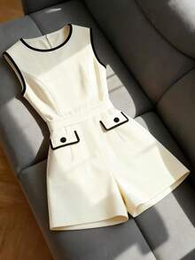 GlowEve 女士浅杏色圆领撞色腰部连体裤，魅力优雅，适合度假、休闲、海滩、街头、日常通勤、性感、浪漫、商务、约会、节日等场合，短袖浅杏色连体裤 - 彩色 - 查看 7