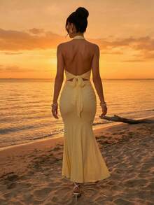 Firerie 女士优雅浪漫情人节约会派对度假飘逸长款雪纺连衣裙 - 淡黃色 - 查看 6