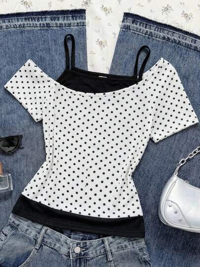 SHEIN Kids Y2K Contrast Color Polka Dot Print Sleeveless Off-Shoulder Casual T-Shirt For Teen Girls, Suitable For Summer, Vacation, Leisure, Home, BM Style Summer Polka Dot Tops Cute Polka Dot Top
