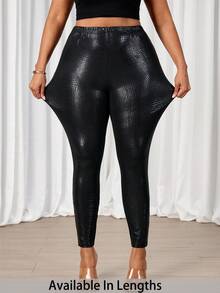 SHEIN Tall CURVE 大码弹力鳄鱼纹印花打底裤 - 黑色 - 查看 1