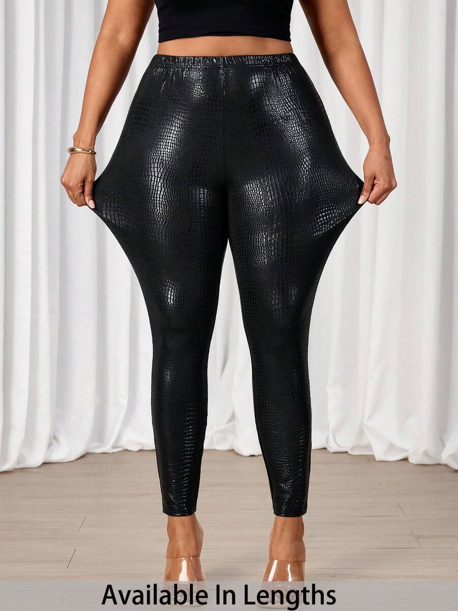 SHEIN Tall CURVE 大码弹力鳄鱼纹印花打底裤 - 黑色 - 查看 1