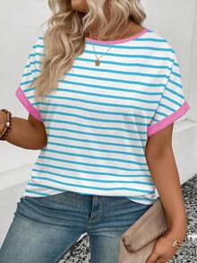 EMERY ROSE Camiseta casual versátil de talla grande con cuello redondo, manga corta y estampado de rayas para mujer, nueva colección primavera/verano - Blanco - Ver 3