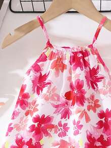 SHEIN Playful Pals 女婴无袖连衣裙，色彩鲜艳的花卉印花，清新亮丽，适合女婴夏季外出、日常穿着和海滩旅行。 - 彩色 - 查看 3